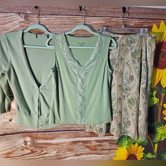 Unbranded 3pc skirt set women's large green/white/tan pre-owned - Picture 1 of 9